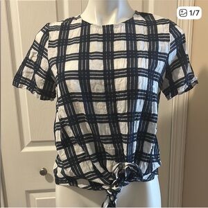 Madewell Navy and White Cotton Checkered Blouse, Size M